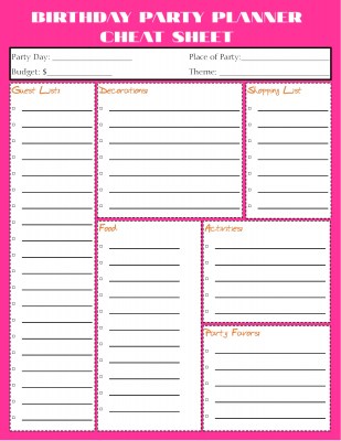 Planner Cheat Sheet - Birthday Party Pink